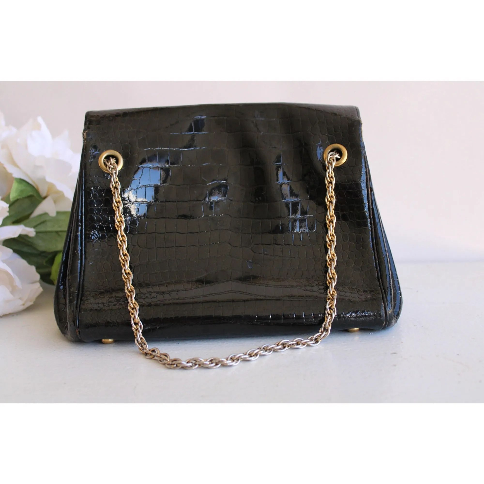 Vintage 1960s Koret Stamped Black Patent Leather Handbag