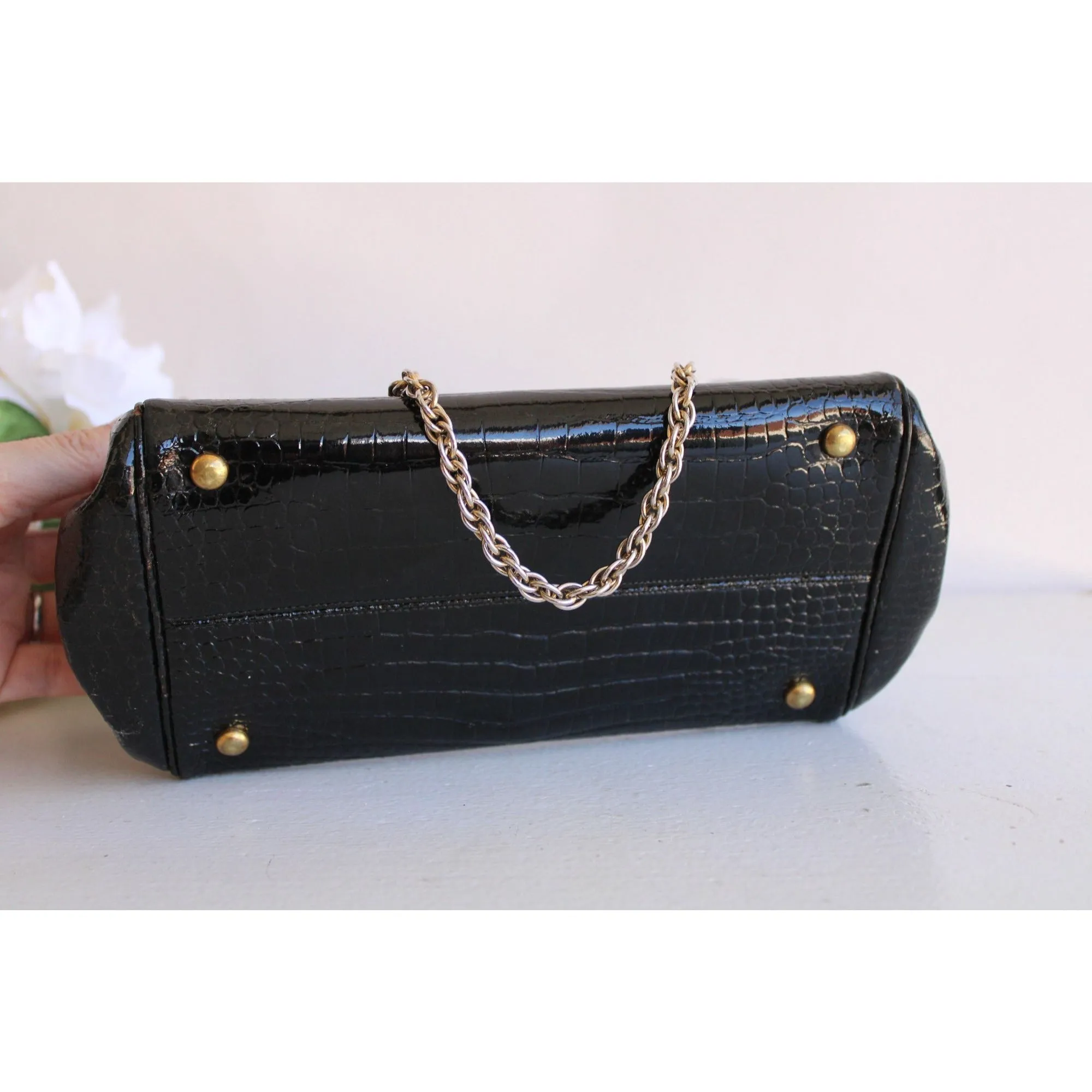 Vintage 1960s Koret Stamped Black Patent Leather Handbag