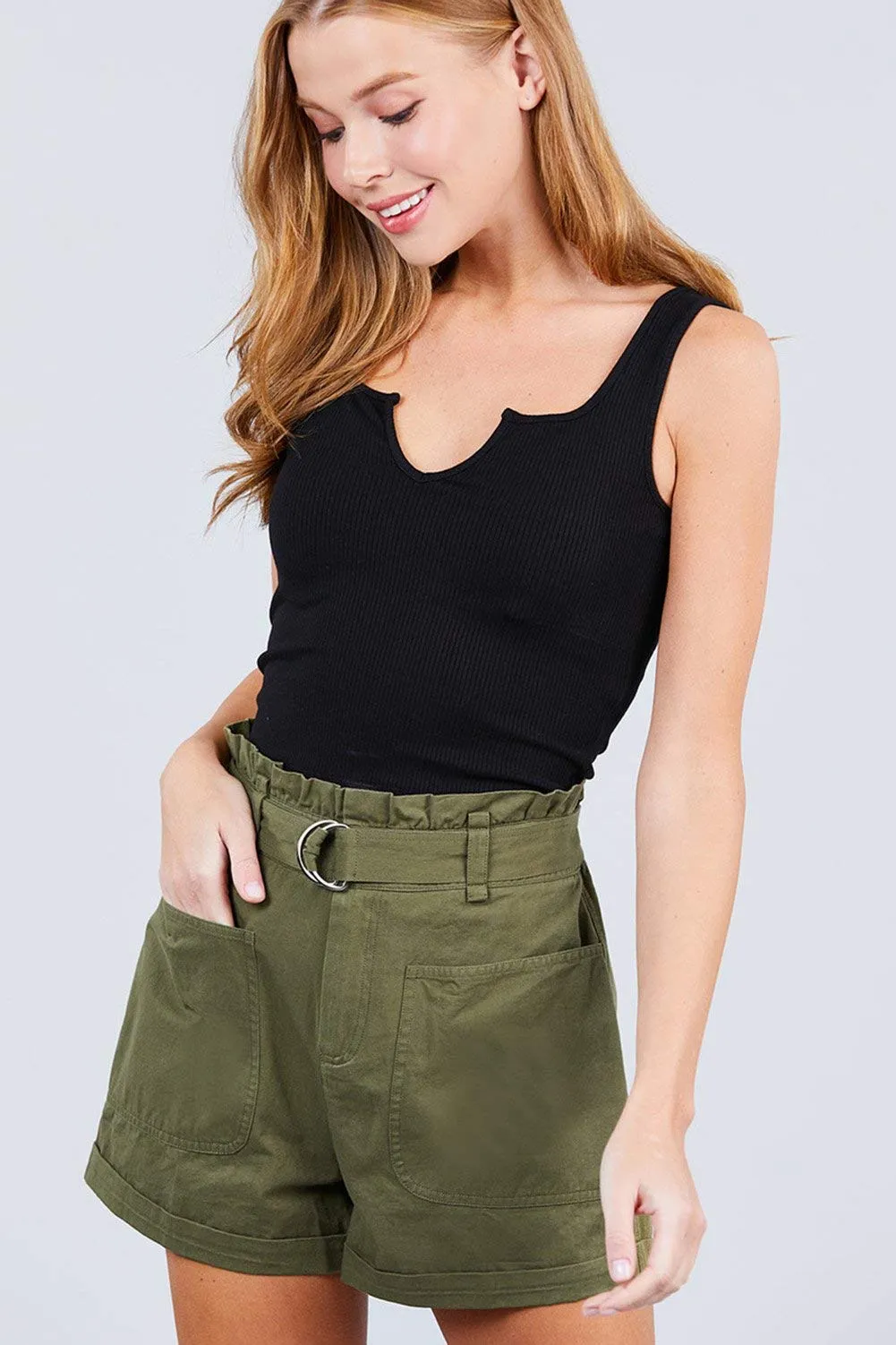 Women's Rolled Up Paperbag Cotton Casual Short with IDE Pocket