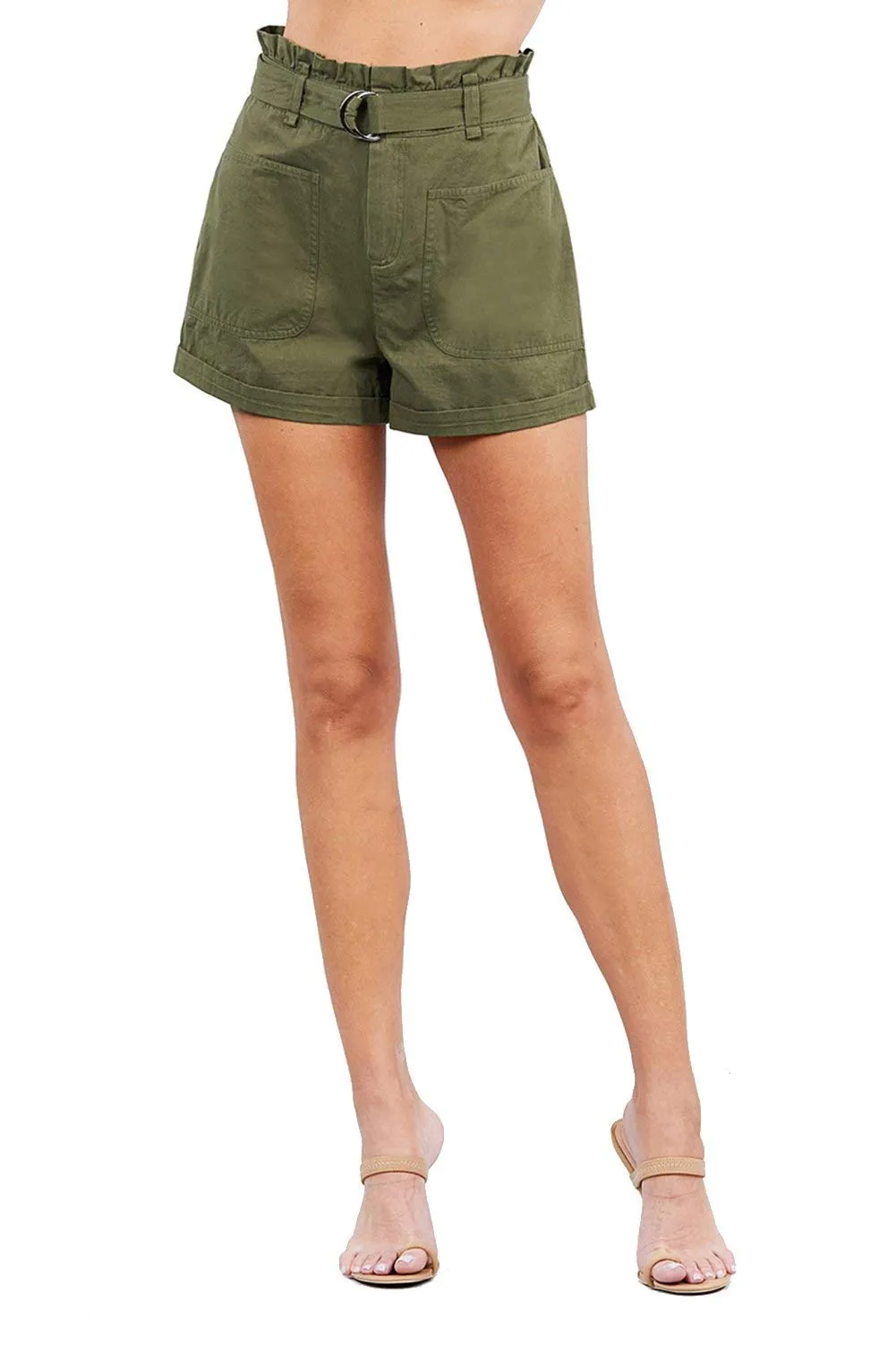 Women's Rolled Up Paperbag Cotton Casual Short with IDE Pocket