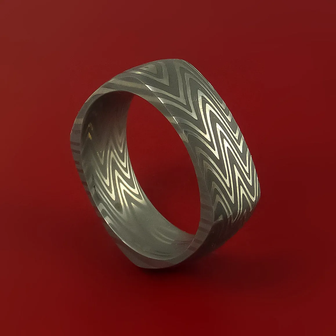 Zebra Damascus Steel Square Band Wedding Ring Genuine Craftsmanship