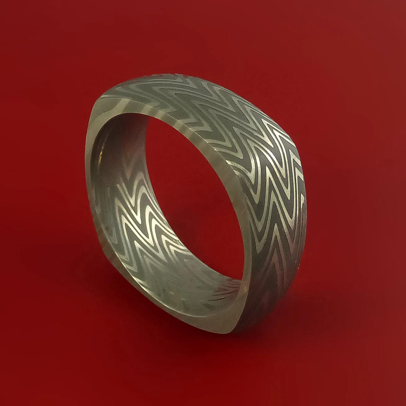 Zebra Damascus Steel Square Band Wedding Ring Genuine Craftsmanship