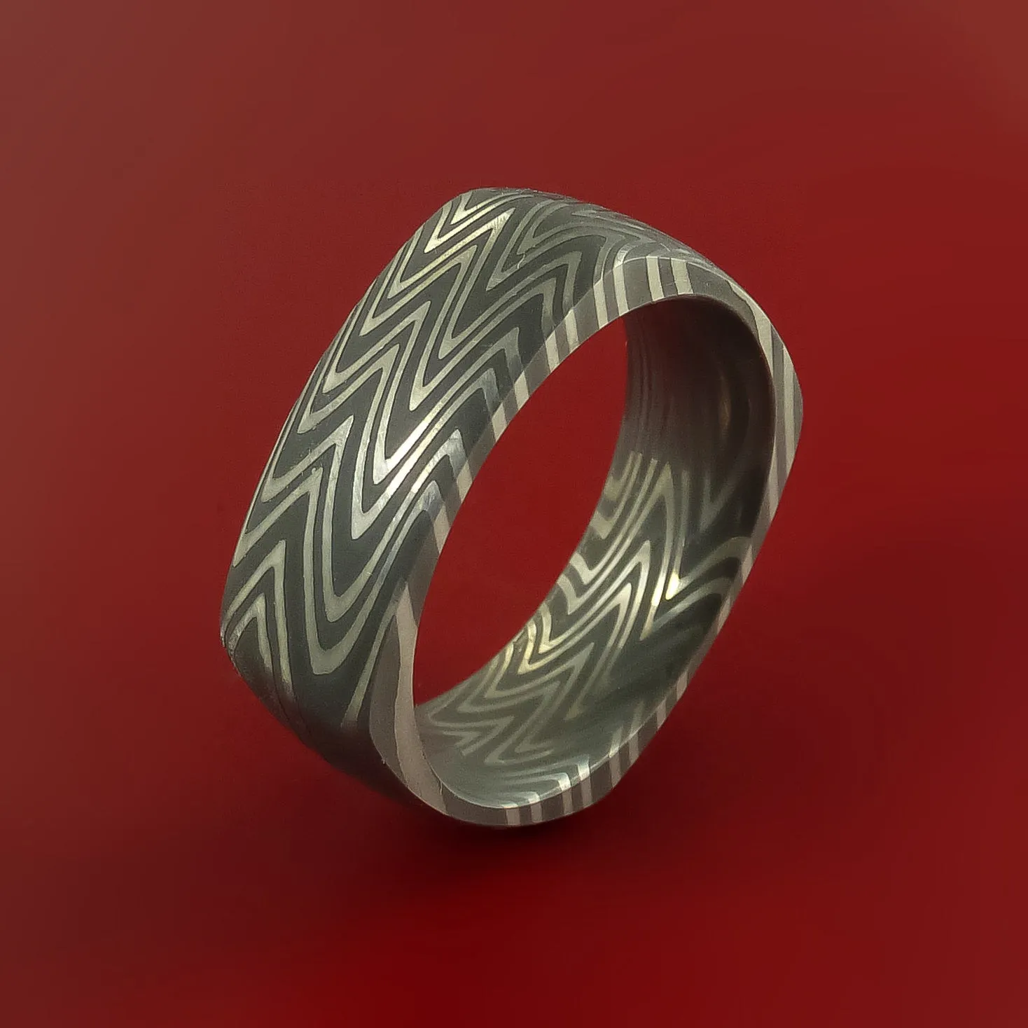 Zebra Damascus Steel Square Band Wedding Ring Genuine Craftsmanship