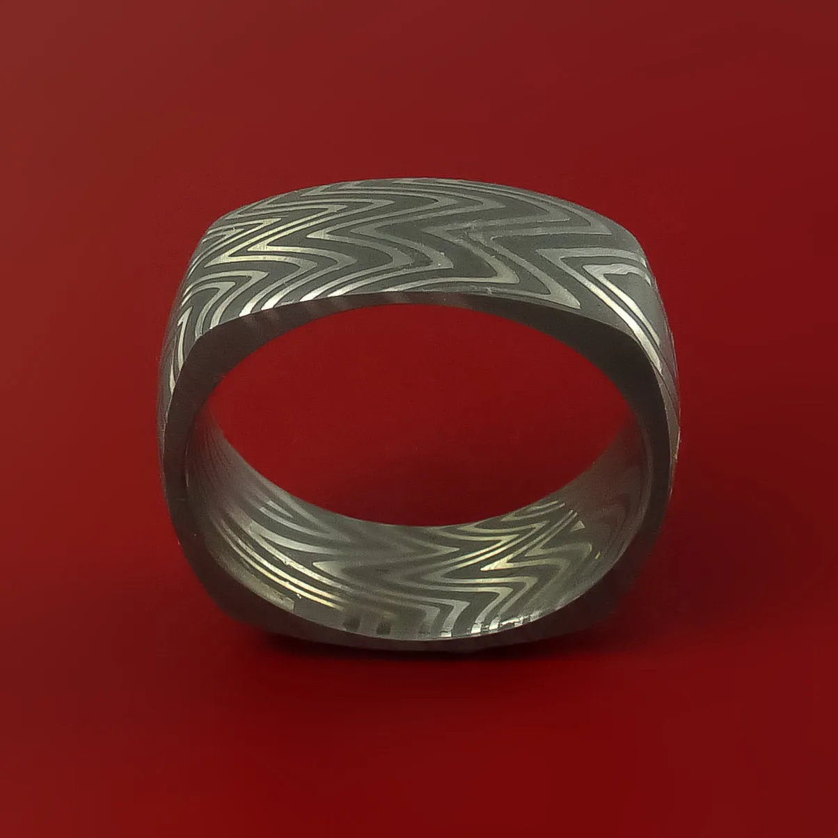 Zebra Damascus Steel Square Band Wedding Ring Genuine Craftsmanship